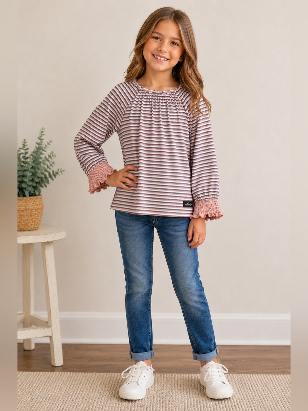 Back to School - Matilda Jane Girls Size 8 Striped Top Pink Gray Ruffle Sleeve